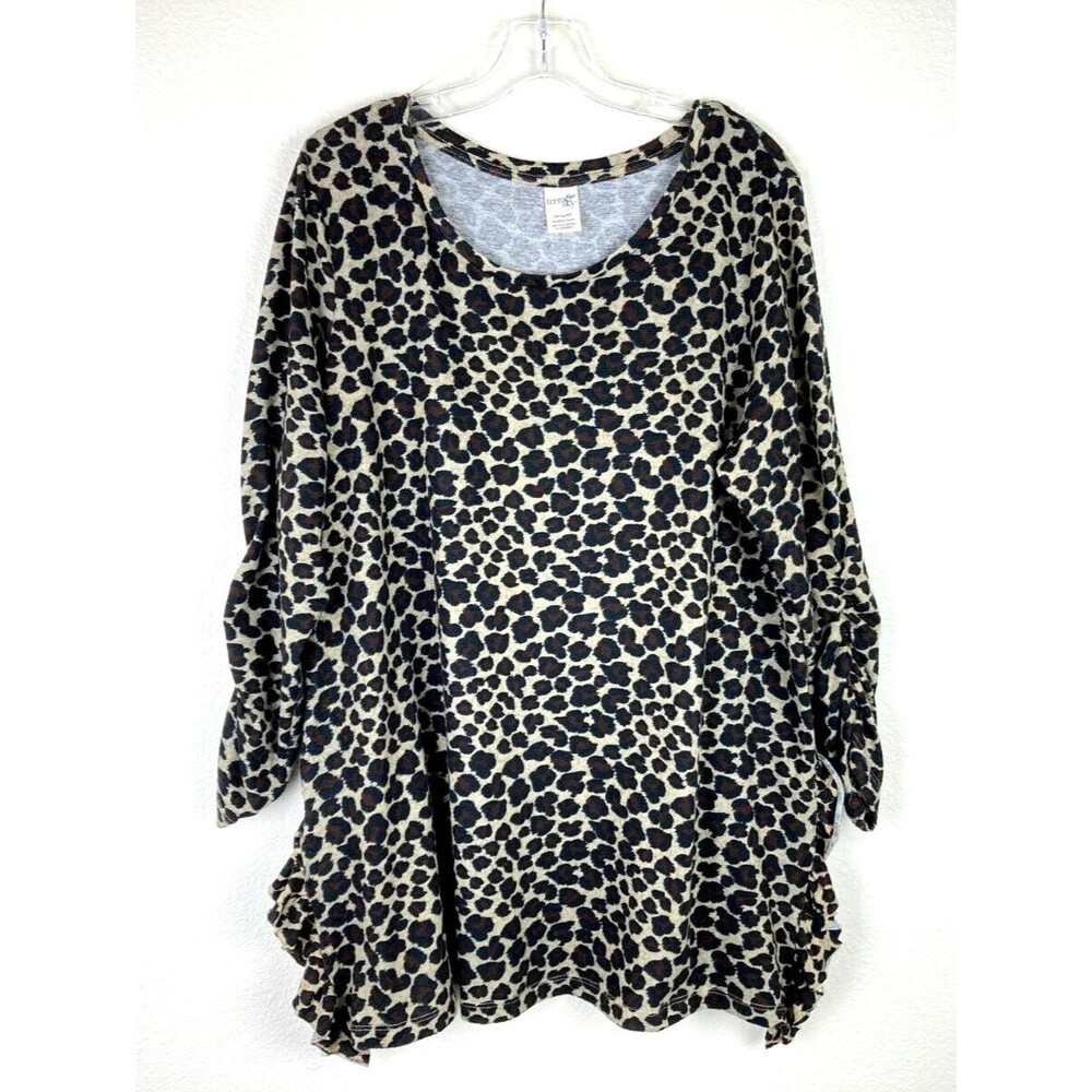 Terra & Sky Women's Pullover Animal Print Top Size 14W Ruched Sleeve Ruffle Slit